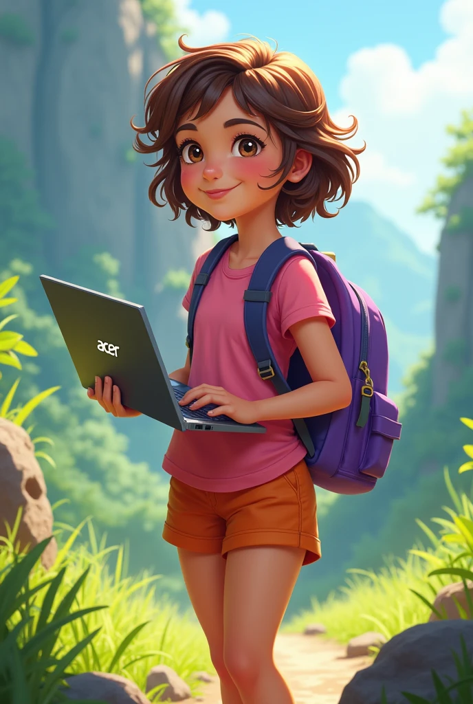 Fantasy girl with brown short hair wearing pink t-shirt, orange short and purple bag pack,acer laptop, diving