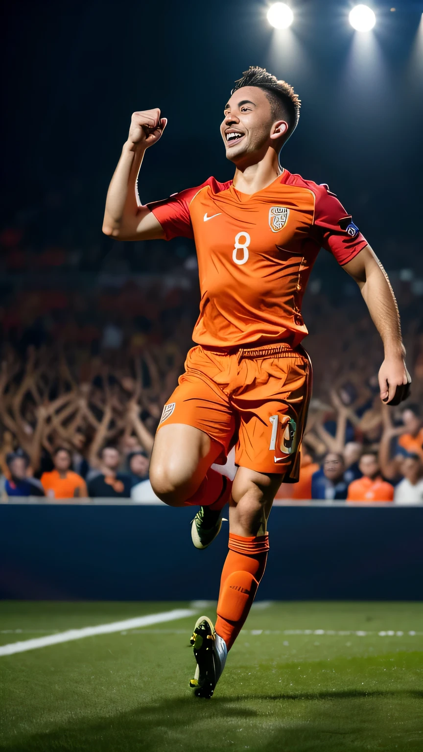 a happy male soccer player in orange uniform running and raising a trophy in the air, detailed facial features, dynamic pose, action shot, sports, movement, energy, vibrant colors, realistic, photorealistic, 4k, high quality, detailed texture, studio lighting, full body photo