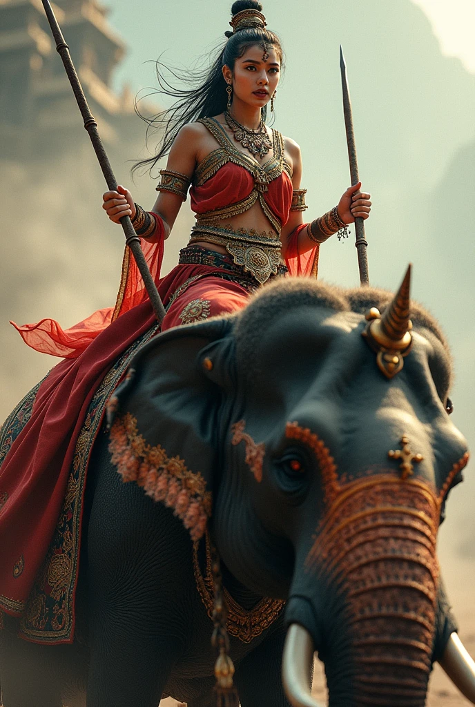 women Riding an giant elephant, painting of women and a elephant in a battle field, many soldiers outside, full body, stand, cinematic screen, soldiers run on field, fireting, combat, god ethereal, detailed, alluring succubus, ethereal beauty, perched on a cloud, (fantasy illustration:1.3), enchanting gaze, captivating pose, otherworldly charm, mystical sky, soft colors, (detailed cloudscape:1.3), (high-resolution:1.2), ((masterpiece)), (best quality), HDR, ((masterpiece)), (best quality), HDR, FEMME, Mirela Anton art Style, artistic, Soft color palette, windblown flowers, Sparkle, magical photography, Soft smooth lighting, Light background,[light smile], expressionless,