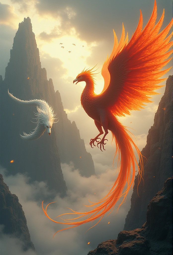 Cinematic style, realistic epic fantasy work, dynamic angles, heavy tension, the confrontation between the giant red golden phoenix and the white dragon_ Intricate details and delicate descriptions, cutting-edge digital cinematic art, 8k, epic fantasy style art, rich details, ultra-high definition, clear silhouettes, a feast of various gorgeous colors,