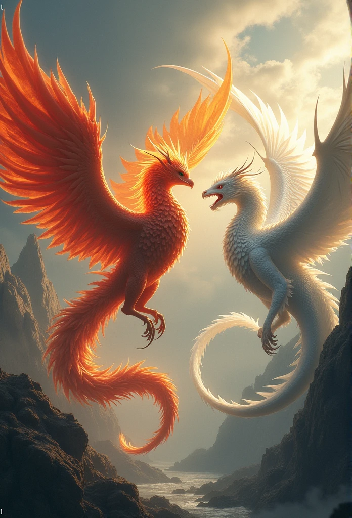 Cinematic style, realistic epic fantasy work, dynamic angles, heavy tension, the confrontation between the giant red golden phoenix and the white dragon_ Intricate details and delicate descriptions, cutting-edge digital cinematic art, 8k, epic fantasy style art, rich details, ultra-high definition, clear silhouettes, a feast of various gorgeous colors,