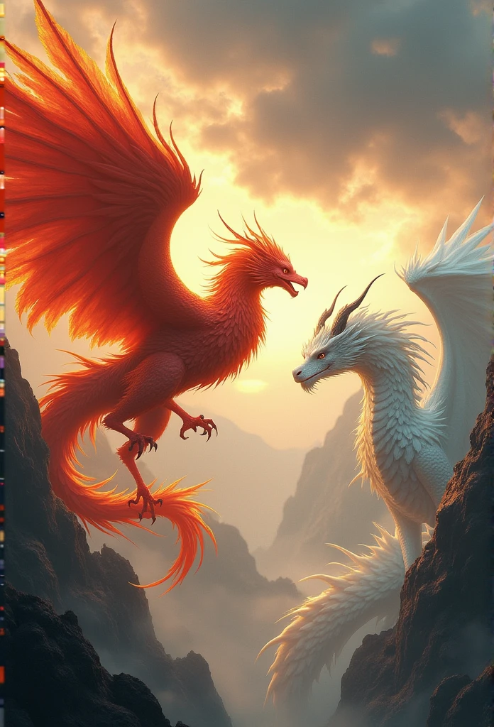 Cinematic style, realistic epic fantasy work, dynamic angles, heavy tension, the confrontation between the giant red golden phoenix and the white dragon_ Intricate details and delicate descriptions, cutting-edge digital cinematic art, 8k, epic fantasy style art, rich details, ultra-high definition, clear silhouettes, a feast of various gorgeous colors,