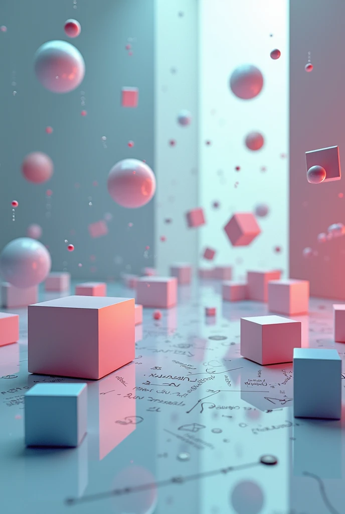 Create an image that contains everything that technology, programming in which you are handling geometric shapes and mathematical and physical formulas, that does not contain any person who also shows the mathematical and physical formulas
