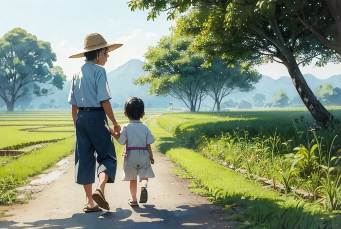 watercolor,(masterpiece, best quality,ultra highres),1980's,rice field scenery, a japanese oldman and a small child walking along a footpath,side view,joy,sandals,