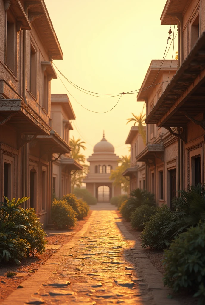 /imagine prompt: 2d, personality: [Illustrate a serene scene of Porbandar, Gujarat, in the late 19th century. The sunlight casts a warm glow over the coastal town, with traditional Indian architecture lining the streets. A small house can be seen in the background, symbolizing Gandhi's birthplace. Capture a sense of peace and subtle historical richness in the atmosphere]unreal engine, hyper real --q 2 --v 5.2 --ar 16:9