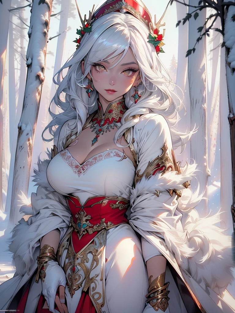 woman,1female,((milf,mom,mature,mature woman,4 female,adult)),(large breasts:1.5),saggy breasts,(((white hair:1.4,straight hair,long hair:1.4,colored inner hair))),((yellow_eyes:1.3)),intricate eyes,beautiful detailed eyes,symmetrical eyes,((((dark skin:1.4,lustrous skin:1.5,bright skin: 1.5,skin tanned,shiny skin,very shiny skin,shiny body,illuminated skin)))),(spider lower abdomen,narrow waist,wide hip,bimbo body,inflated legs,thick thighs,delicate detailed fingers),(((detailed face))),
cute,slutty,sensual,seductive look,seductive,((erotic)),opulent,sumptuous,longingly,((nsfw)),
queen,goddess,fantasy,(beautiful winter silver clothes,silver silk),((strapless red dress,very long red skirt,red dress)),(silver clothes),(((ice jewelry,intricate necklace,christmas jewelry,detailed outfit))),cleavage,silver silk,((eyeshadow,elegant makeup,eyelid makeup,gold lips,gold lipstick)),((Transparent cloth:1.1)), (((Sexy white fur coat, white fur coat outfit, wearing a white fur coat:1.3,winter white coat))),red gloves,(((intricate outfit,intricate clothes,embroidered outfit,ornate outfit,embroidered clothes,ornate clothes))),
(dynamic pose:1.0),embarrassed,(centered,scale to fit dimensions,Rule of thirds),
((snowy pine forest)),winter,scenery:1.25,((intricate scenery)),((snow forest background)),Christmas tree,
(Glossy winter ornaments),highres,sharp focus,(ultra detailed,extremely detailed),(photorealistic artwork:1.37),(extremely detailed CG unity 8k wallpaper),(((vibrant colors,vibrant theme))),(intricate),(masterpiece),(best quality),