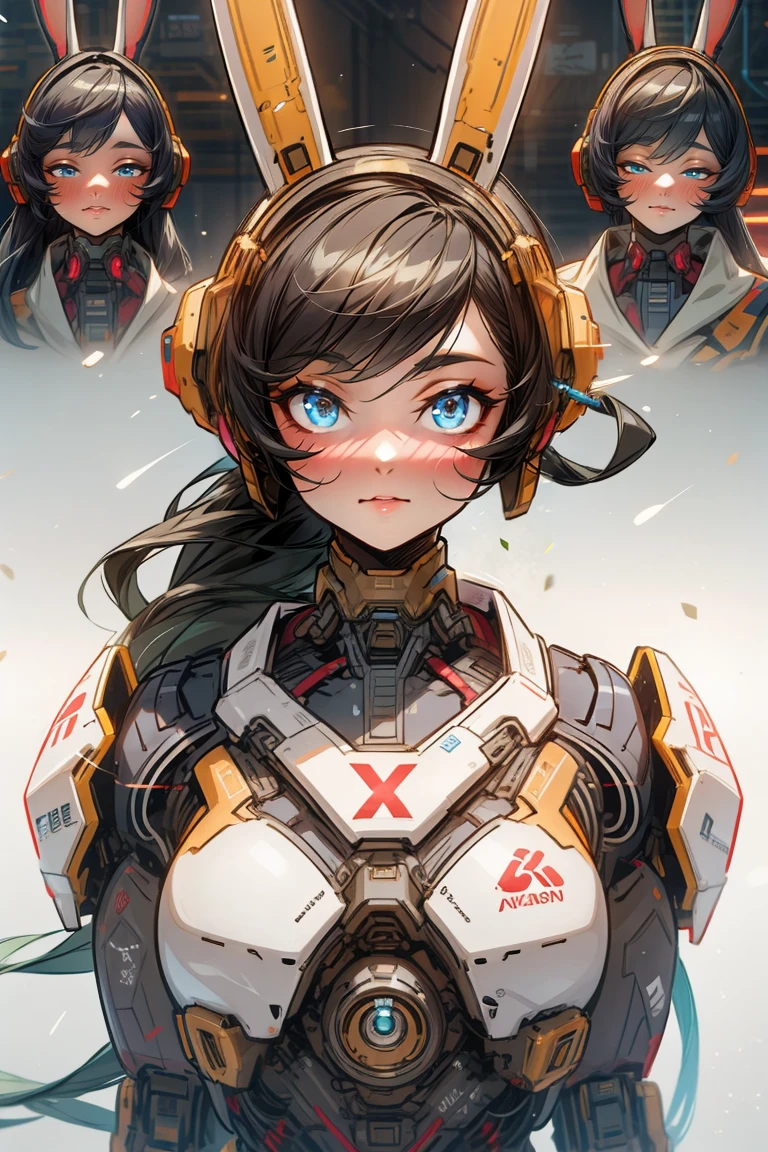 a cute cyborg girl with rabbit ears, beautiful detailed eyes, beautiful detailed lips, extremely detailed face and features, long eyelashes, beautiful fair skin, adorable expression, anime-style, detailed bronze mechanical body parts, intricate cybernetic enhancements, complex circuitry, futuristic setting, glowing neon lights, cinematic lighting, vibrant colors, hyperrealistic, 8k, high quality, masterpiece,Seven Avatars