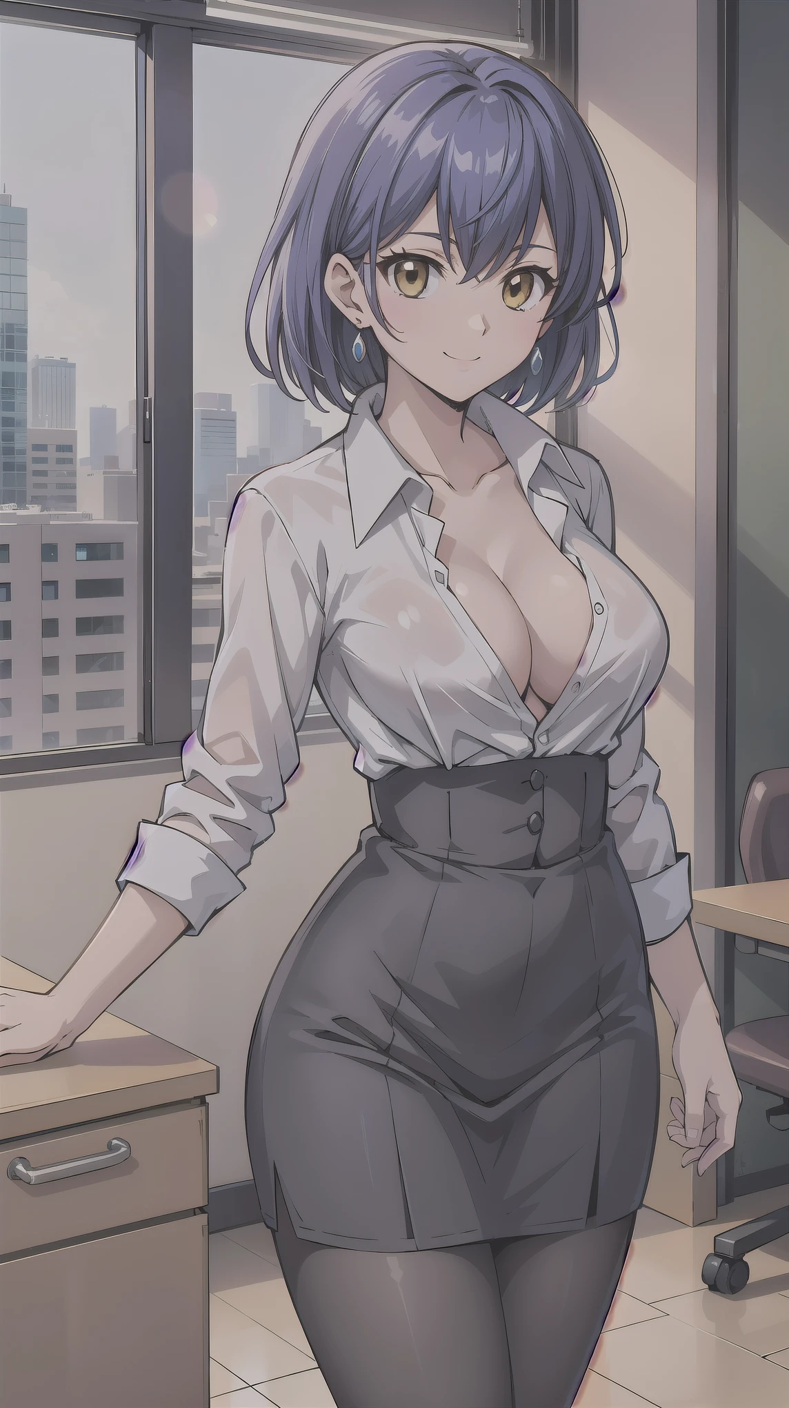 （（super high quality,））（（Ultra-high resolution,））（16K,）（super masterpiece,）（（Ultra HD ,））（Detailed shading,）One sexy office lady,Cleavage,popped Tight collar White shirts,smile,Office in the morning sun,