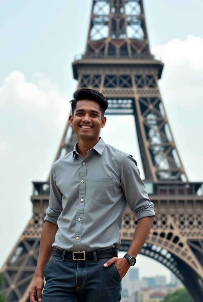 real picture, a man from Indonesia, thin hair with stylish casual clothes and shoes, slightly smiling, Eiffel tower background