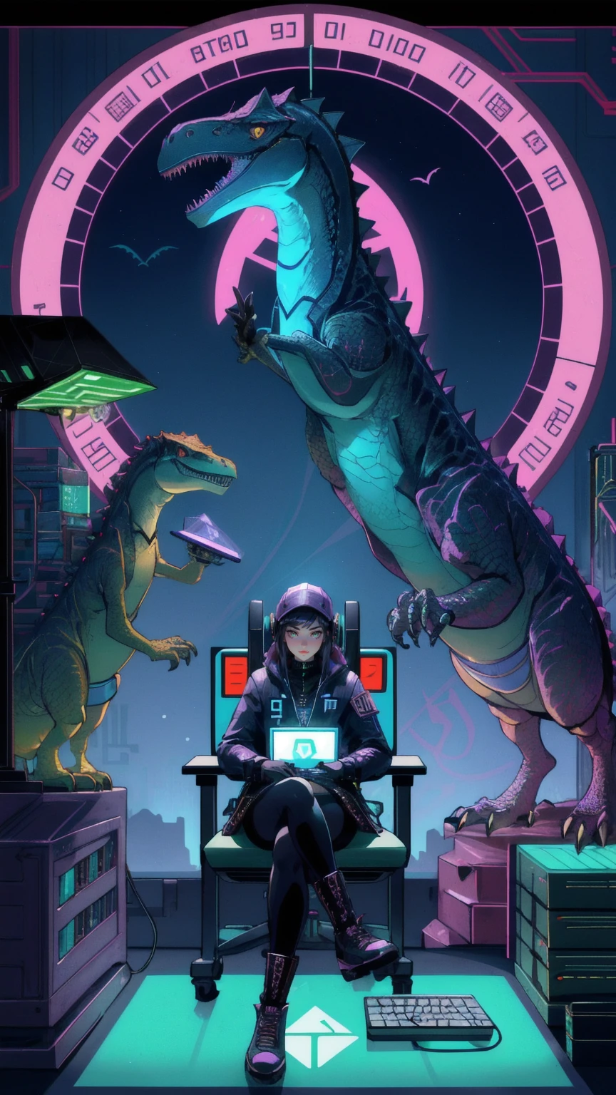 arafed dinosaur beautiful girl  sitting at a desk with a computer and bitcoin, typical cryptocurrency nerd, cryptopunk with pit vipers, cryptocurrency, crypto, 🚀🚀🚀, cryptopunk, ethereum, bitcoin evil, crypto valut, mining, cryptocurrency in the background, bitcoin, giant crypto vault, a steampunk tyrannosaurus, hyper bullish, stylized digital illustration