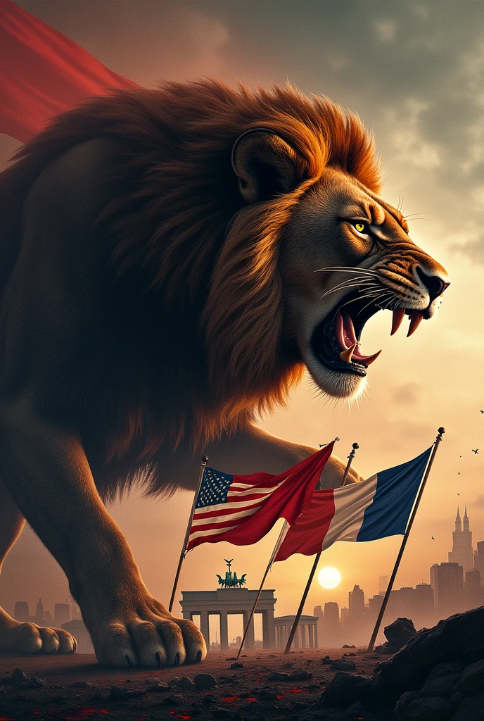 Create a movie poster about the blockade in history, which has to include the lion symbolising the Soviet Union with Berlin and the three western powers in its bloody mouth