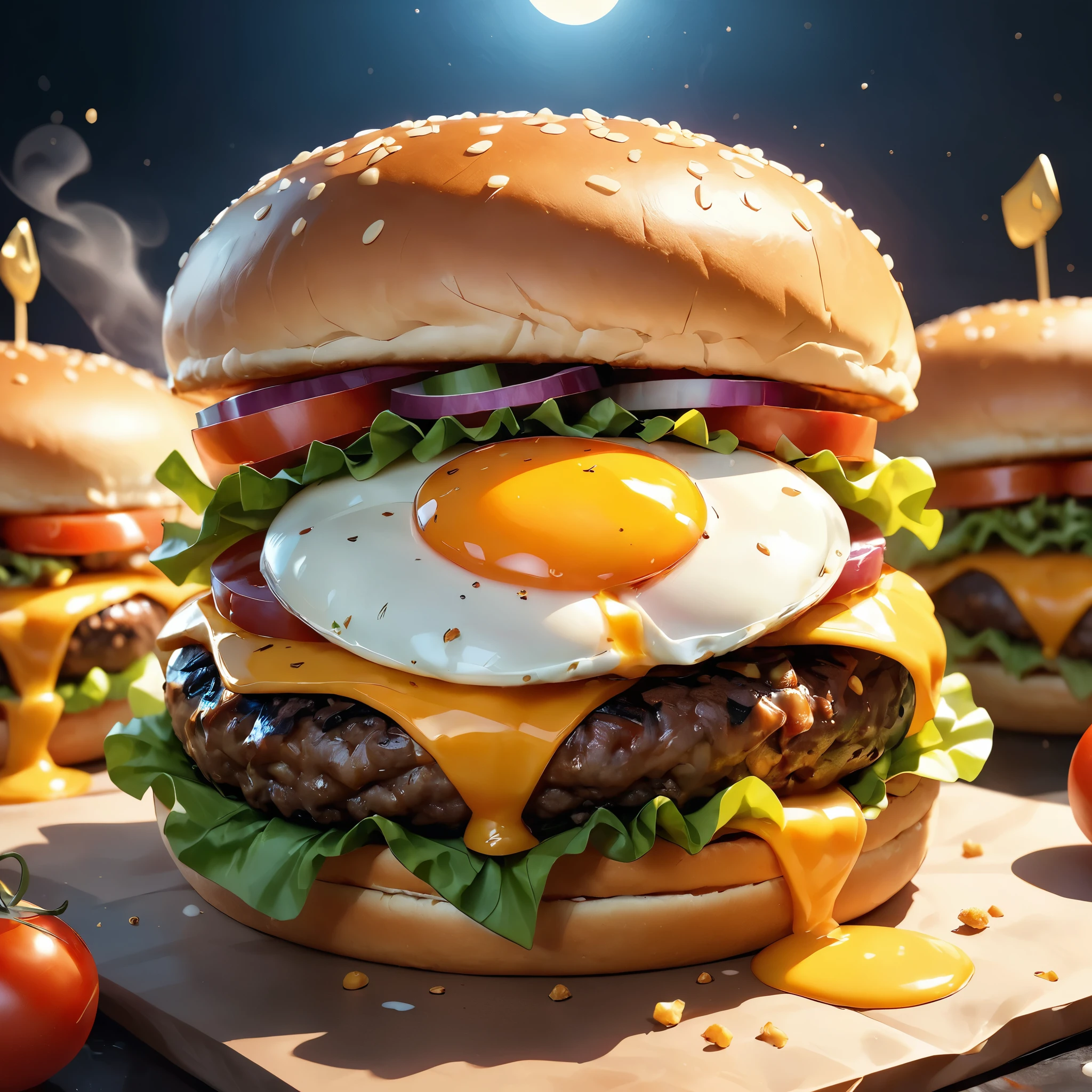 Juicy hamburger with a fried egg on top, Moon themed burger, Warm lighting, Atmospheric and luscious texture, Sauce dripping, Steam rises, whets the appetite, Professional cooking photos, Golden Buns, Melted cheese, Fresh ingredients, Seamless Composition, Dramatic Shadows, Cinematic lighting, whets the appetite, Culinary masterpieces, (Hyperrealistic, 8k, high quality, Intricate details, Photorealistic).