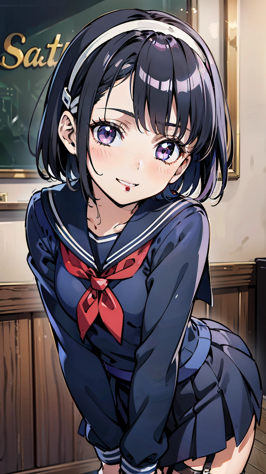 sailor uniform, sailor suit, one woman, (A beauty woman, Delicate high school girl:1.3), 8k, highest quality, masterpiece, Very detailed, Ultra-high resolution, Realistic, RAW Photos, Absolute Resolution, Black Hair, Bobcut, Small face compared to body, Very small face, Black Hair, ((Navy blue sailor suit)), Navy Blue Skirt, High school girl in sailor suit, 2D Rendering of Anime, realistic young anime school girl, , ((White headband)), Small breasts, tall, Slanted Eyes, Purple Eyes, Black Stockings, garter belt, toothless smile, Private room, (Jump lightly and spin around:1.3), (Top-down position:1.2), blurry background,
