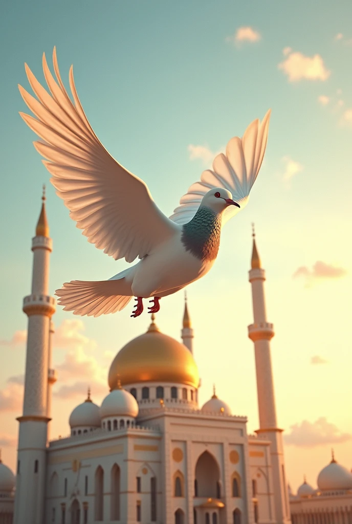 Un pigeon en plein vol avec ses ailes déployées, survolant une grande mosquée majestueuse. La mosquée est dotée de dômes dorés et de minarets élégants, capturés sous une lumière douce de fin de journée. Le ciel est clair avec quelques nuages légers, ajoutant une atmosphère sereine. L’architecture islamique se détache en arrière-plan, tandis que l’oiseau vole avec grâce au-dessus.
