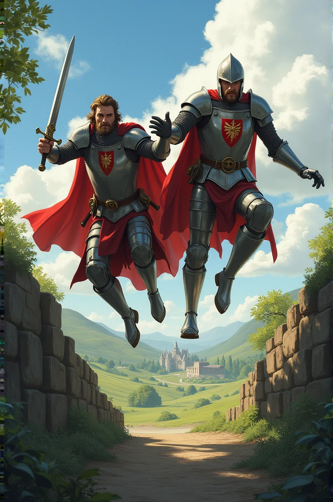Drawing of Sir Gareth and Sir Galahad jumping over a barrier together