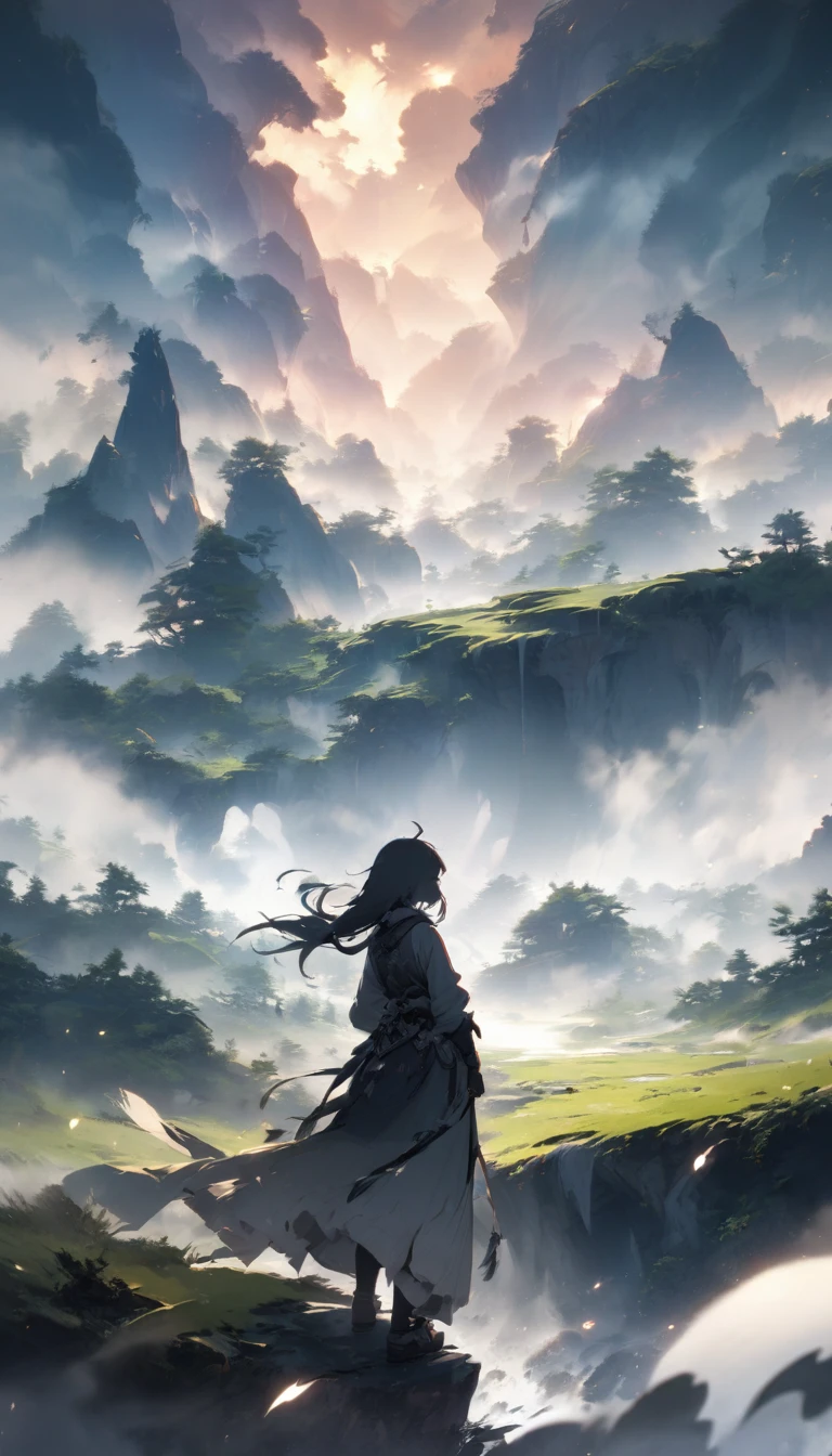 The silhouette of a warrior disappearing into the mist。Looking back with a mysterious expression、Mysterious landscape in the background