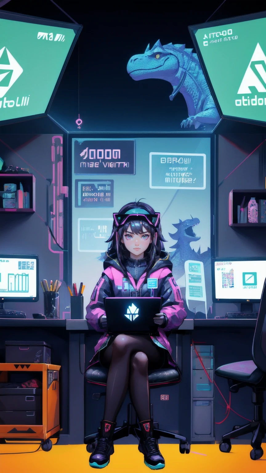 arafed dinosaur cute girl sitting at a desk with a computer and bitcoin, an illustration of by Elias Ravanetti, shutterstock, digital art, typical cryptocurrency nerd, cryptopunk with pit vipers, cryptocurrency, crypto, 🚀🚀🚀, cryptopunk, ethereum, bitcoin evil, crypto valut, mining, cryptocurrency in the background, bitcoin