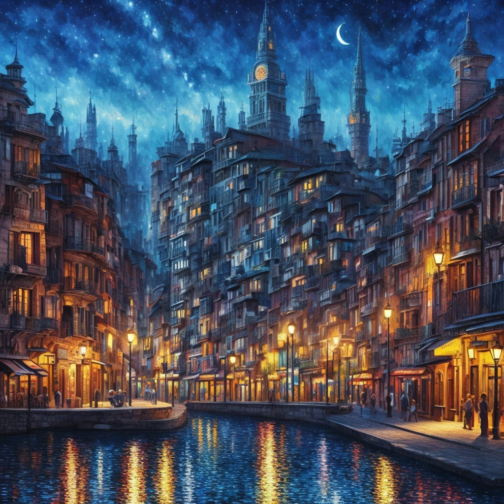 high quality, 8K Ultra HD, very detailed, extraction, oily, sketch, A cityscape with a starry sky, cubism, brush, palette, colors, Stroke, difference, depth, creativity, imagination, Fantastic reality, amazing, A magical environment, Ceramic, cerulean, scarlet, impasto, Glazed, grayscale, Fauvism, renaissance, luminism, 3D rendering, octane render, Isometric, by yukisakura, nice full color.