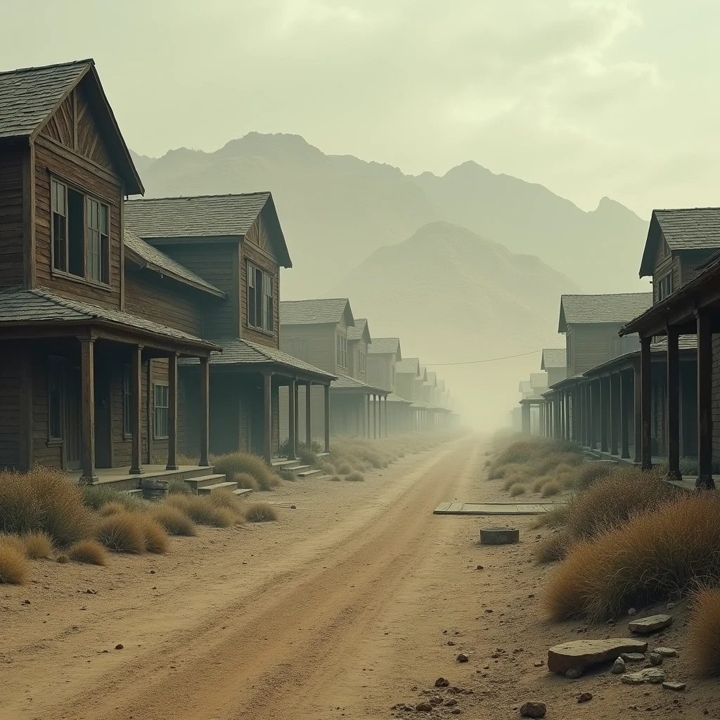 Photo of an abandoned mining town in Nevada. Old, dusty houses, ruined mining equipment and storm dust blowing the streets. The atmosphere is mysterious and terrifying.