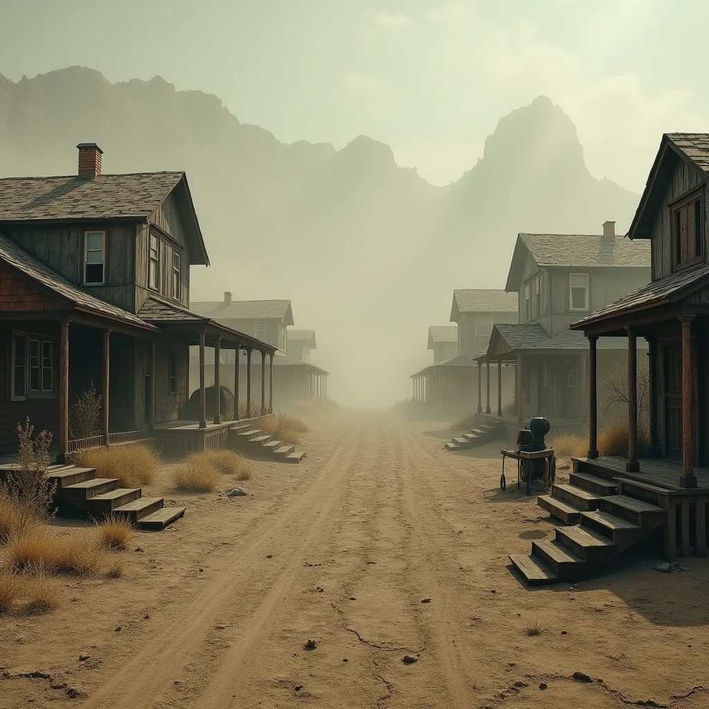 Photo of an abandoned mining town in Nevada. Old, dusty houses, ruined mining equipment and storm dust blowing the streets. The atmosphere is mysterious and terrifying.