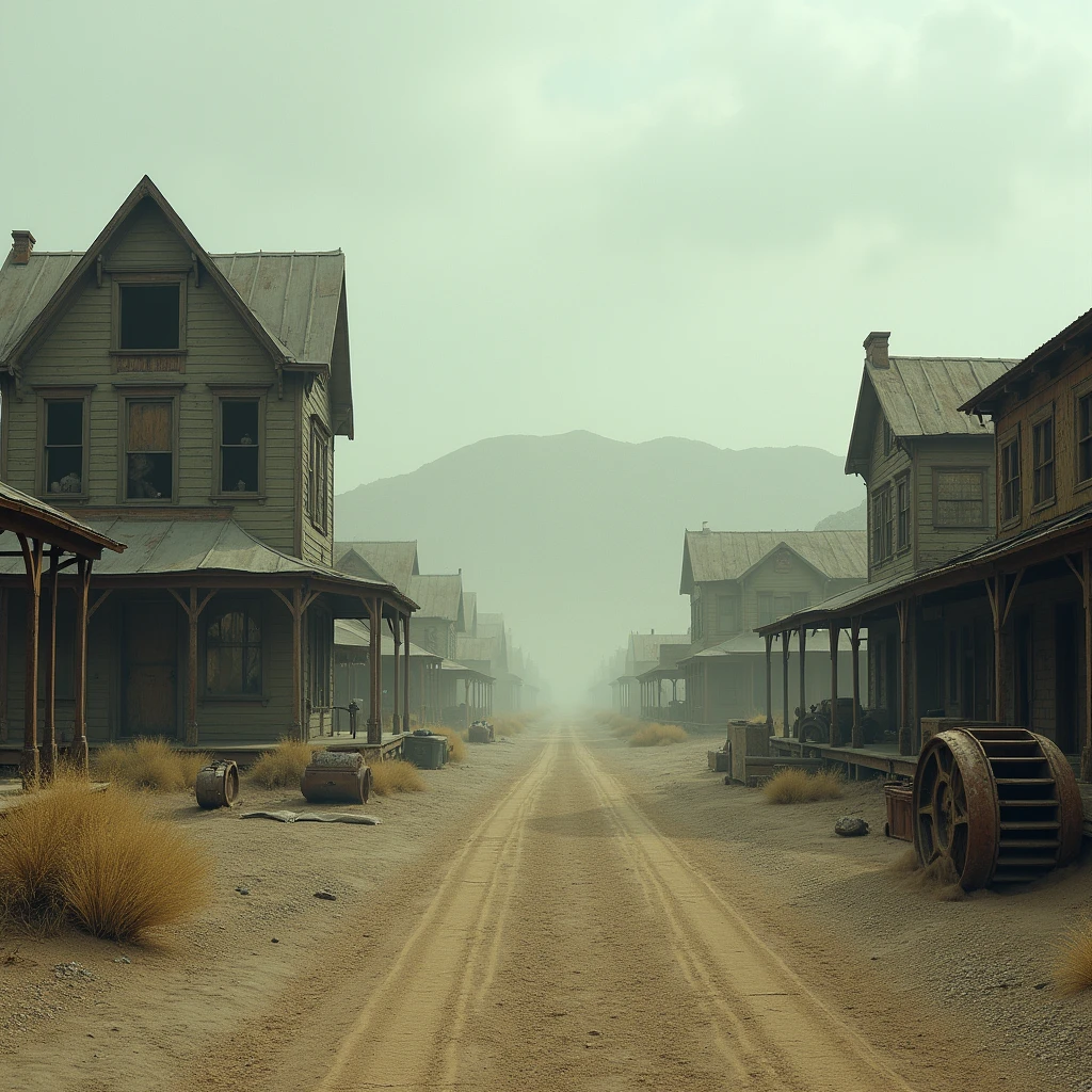 Photo of an abandoned mining town in Nevada. Old, dusty houses, ruined mining equipment and storm dust blowing the streets. The atmosphere is mysterious and terrifying.