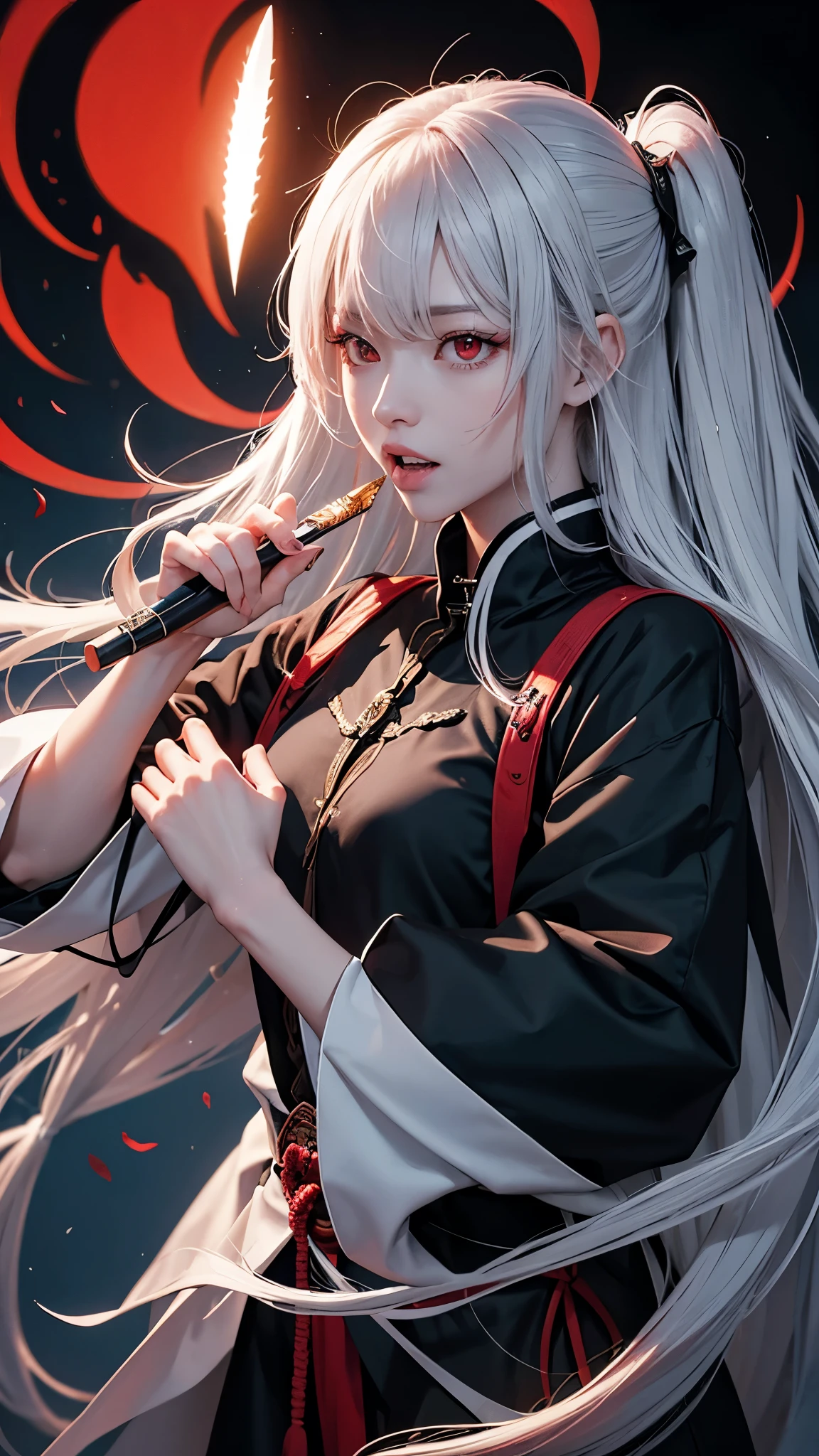 ghost,One person, High resolution, Long Hair, Red eyes, ghost滅の刃,knife,tooth, toothが尖っている, Biting one&#39;s lip, Frowning, Afterimage, Horns of the beast, Removed Mask, A seductive smile, 