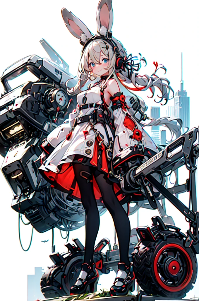 Rabbit ear,  Mechanic, mechanical body,, ultra detailed, masterpiece, best quality, aesthetic, detailed,, solo, soft smile, light smile,
1girl, blue eyes, very long hair, blonde hair, long blonde hair, french braid, bangs, medium breasts,, hair ribbon, frilled choker, criss-cross halter, sleeveless dress, high-waist skirt, backless dress, waist bow, detached sleeves, frilled sleeves, wide sleeves, pantyhose, patterned legwear, mary janes,