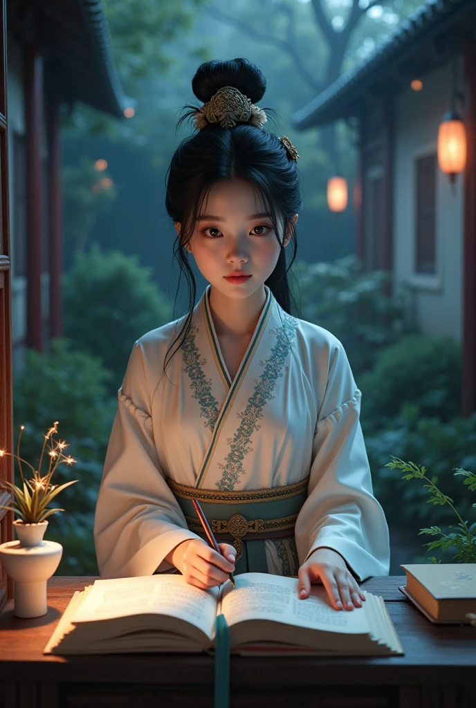 a photo:A beautiful girl in traditional Chinese clothing in a quiet night,In a garden surrounded by ancient walls,Reading ancient Chinese books under the lamp on the low table。,((She holds a pen in her right hand,Left hand on the table)),((masterpiece)),Practical,4K,Extremely detailed,((Beautiful big eyes))