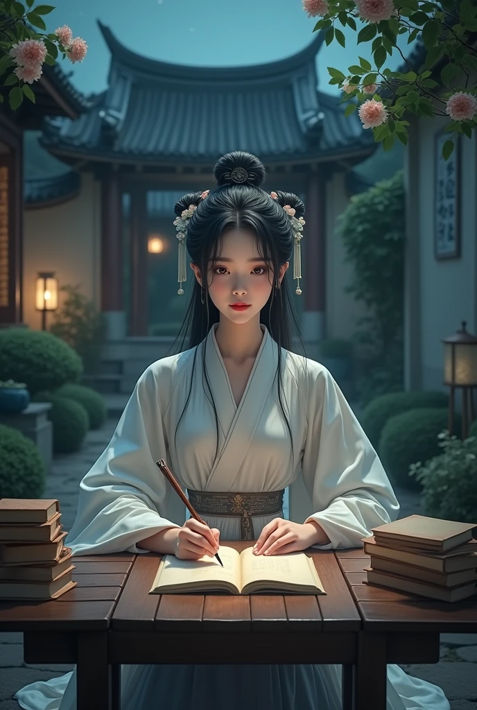 a photo:A beautiful girl in traditional Chinese clothing in a quiet night,In a garden surrounded by ancient walls,Reading ancient Chinese books under the lamp on the low table。,((She holds a pen in her right hand,Left hand on the table)),((masterpiece)),Practical,4K,Extremely detailed,((Beautiful big eyes))