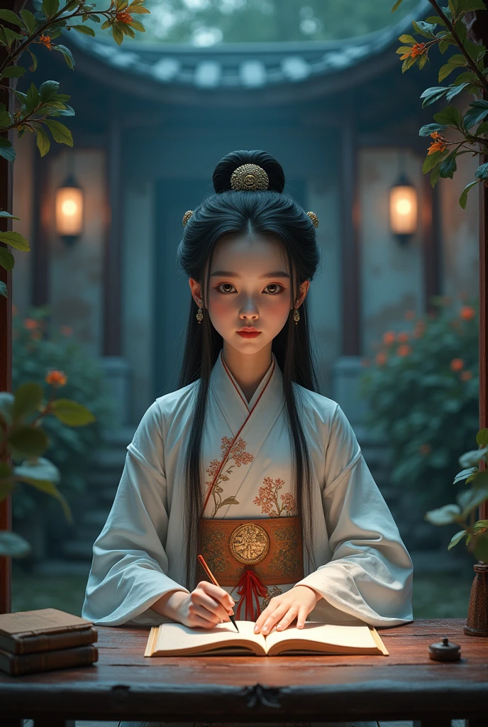 a photo:A beautiful girl in traditional Chinese clothing in a quiet night,In a garden surrounded by ancient walls,Reading ancient Chinese books under the lamp on the low table。,((She holds a pen in her right hand,Left hand on the table)),((masterpiece)),Practical,4K,Extremely detailed,((Beautiful big eyes))