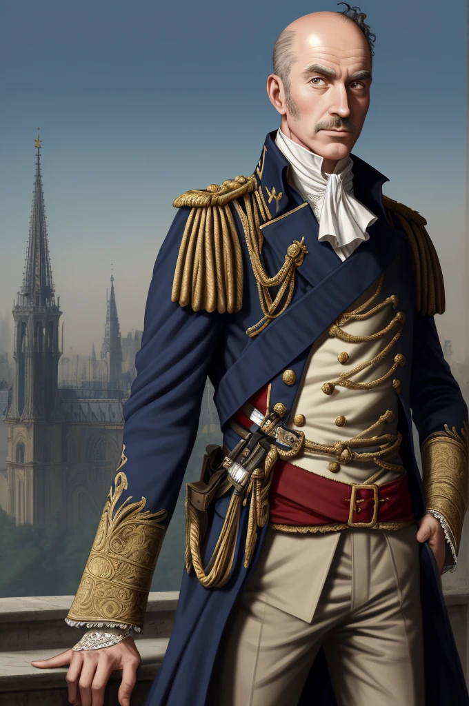 Highest quality, masterpiece, High resolution,，（Catherine-Dominique de Pérignon），French，French Revolutionary Soldier，Medals，（French cityscape_background），Bald crown，Broad forehead，Middle-aged men，Anime Style, 4K, alone，whole body， looking at the camera, ，White side hair，Brown_coat， Hyper Detail, (Intricate details),