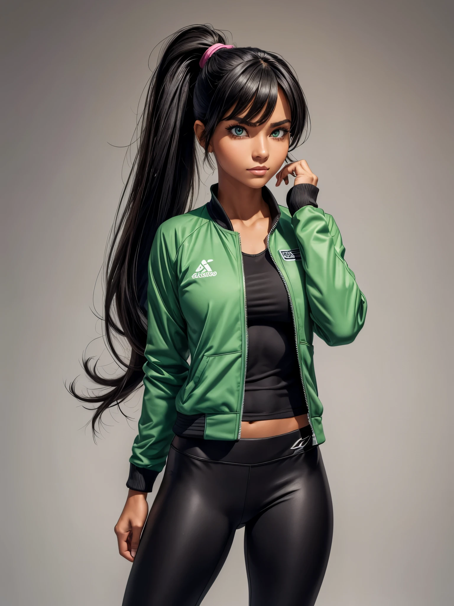 (best quality), 1girl, female, tanned skin, black hair, high ponytail, side swept bangs, long hair, green eyes, perfect eyes, sport jacket, leggings, athletic, smug, masterpiece, anatomically correct, highres