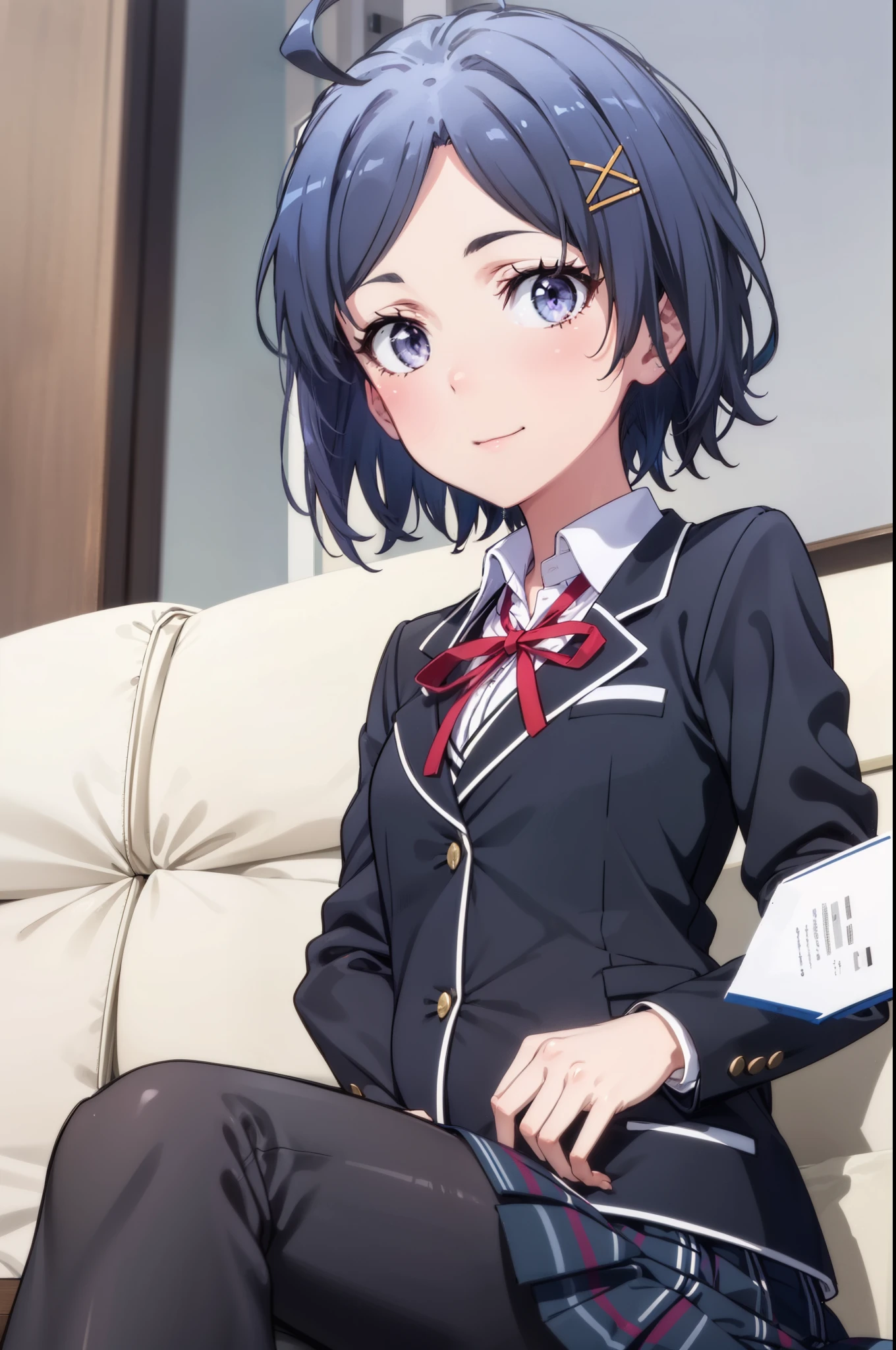 komachihikigaya, komachi hikigaya, short hair, Black Hair, hair ornaments, Ahoge, Hair Clip, x hair ornaments, (Purple eyes:1.1), tooth, smile, Open your mouth, 
break skirt, ribbon, school uniform, Jacket, black Jacket, Plaid, Plaid skirt, blazer, sobu high school uniform,During pregnancy, childbirth, work, During pregnancyのお腹を抱きしめる,Black pantyhose,Brown loafers,Sitting on the sofa,whole bodyがイラストに入るように,
break indoors, room,
break looking at viewer,whole body,
break (masterpiece:1.2), Highest quality, High resolution, unity 8k wallpaper, (figure:0.8), (Beautiful attention to detail:1.6), Highly detailed face, Perfect lighting, Highly detailed CG, (Perfect hands, Perfect Anatomy),