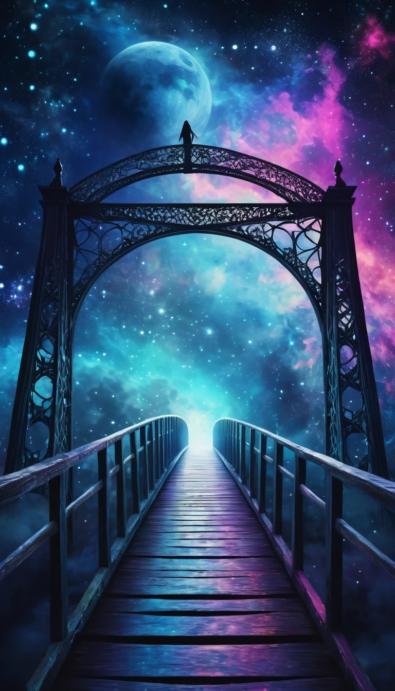 A cosmic bridge made of stars connecting the moon to the Earth. Shadowy figures crossing the bridge like ghosts crossing the underworld. Dreamy, ethereal atmosphere. Galactic background. Digital painting style, hyper-realistic, vibrant colors