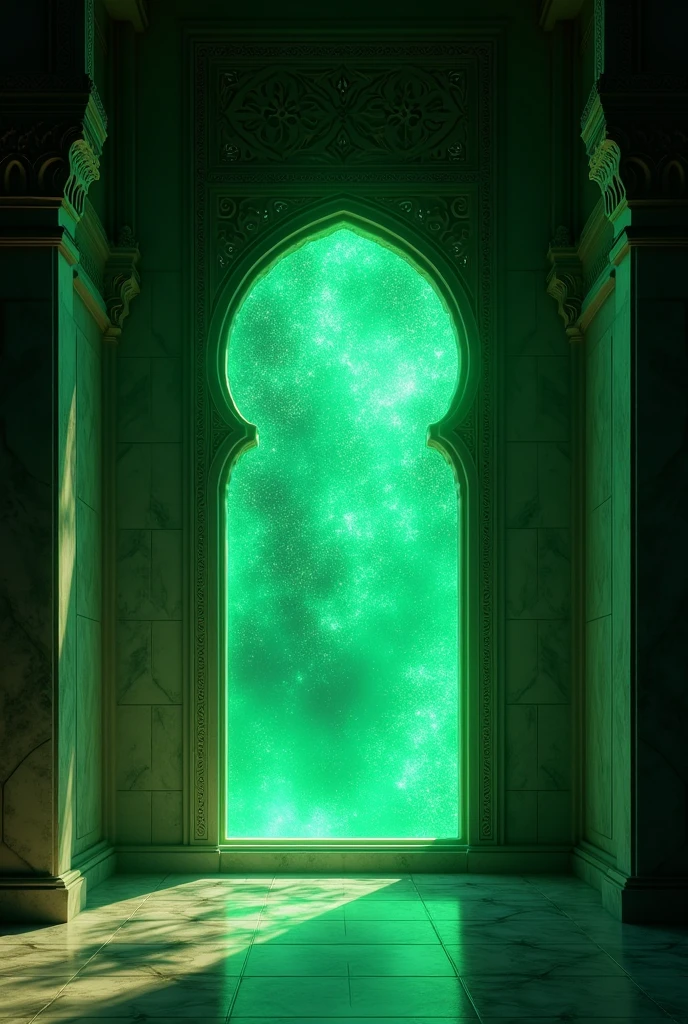 Green lit window in mosque on the left