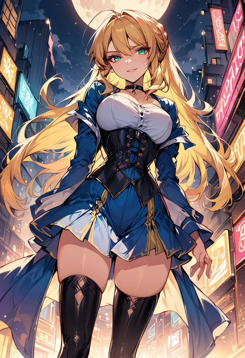 score_9, score_8_up, score_7_up, score_6_up, rating_safe, source_anime, BREAK beautiful Artoria Pendragon (blonde, braid, ribbon, hair ribbon:1.2), sexy smirk, BREAK tight skirt, detailed corset, thigh high boots, choker, BREAK walking in downtown Tokyo, neon lights, Extremely detailed Artgerm, Artgerm on ArtStation Pixiv, BREAK Epic light novel art cover, gorgeous female, trending on artstation pixiv, BREAK midnight, full moon, shallow depth of field, BREAK highly detailed, bokeh, moody, epic, gorgeous, grainy, BREAK (ultra-detailed), (best illustration), (best shadow), (absurdres), (detailed background), (very aesthetic), cowboy shot.