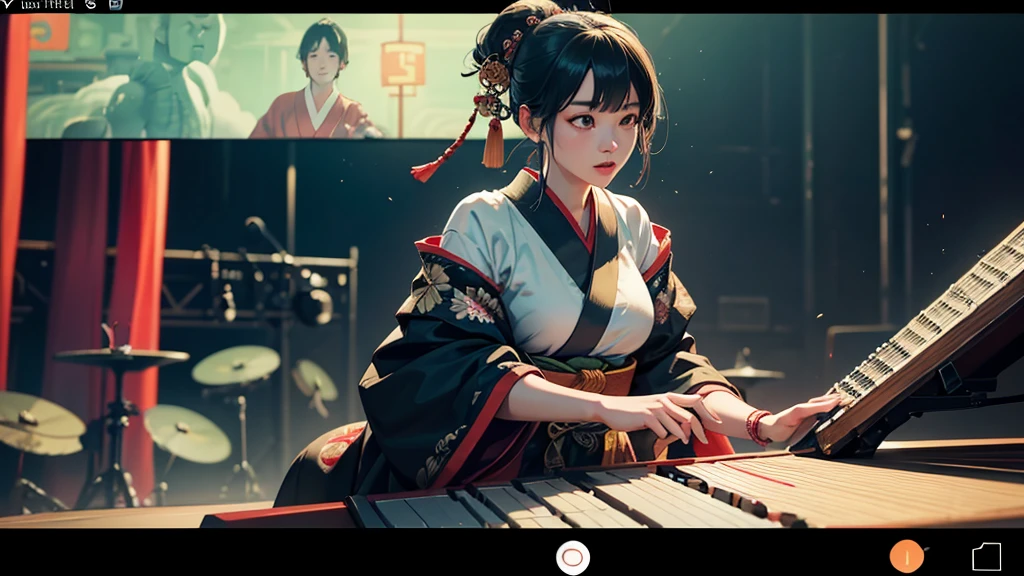 rendered image of a woman playing keyboard on a stage, a portrait inspired by Gong Kai, reddit, Ukiyo-e, screenshot of youtube video, Japanese live action film, screenshot from a movie, still from a live action film, ginko showing a new mushi, still from a music video, will do