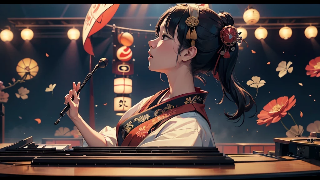 rendered image of a woman playing keyboard on a stage, a portrait inspired by Gong Kai, reddit, Ukiyo-e, screenshot of youtube video, Japanese live action film, screenshot from a movie, still from a live action film, ginko showing a new mushi, still from a music video, will do