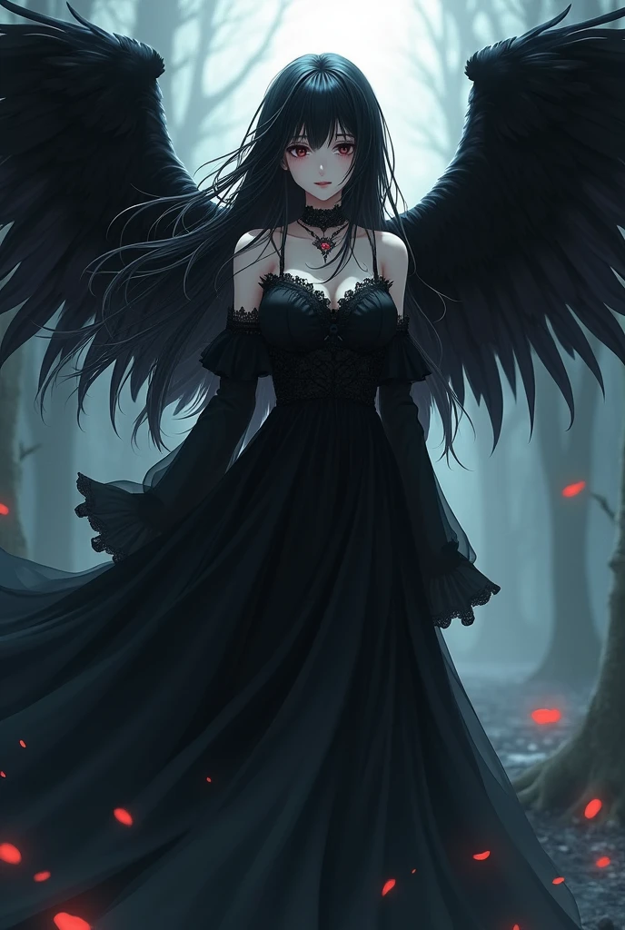 Anime girl with black wings and black dress