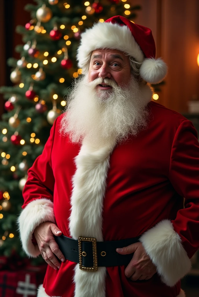 Famous British comedian actor、cosplay as Santa Claus、Good artistic sense、Beautiful composition、Surprise Performance、Christmas tree、Careful details、Cinema lighting、Outstanding comedy scenes