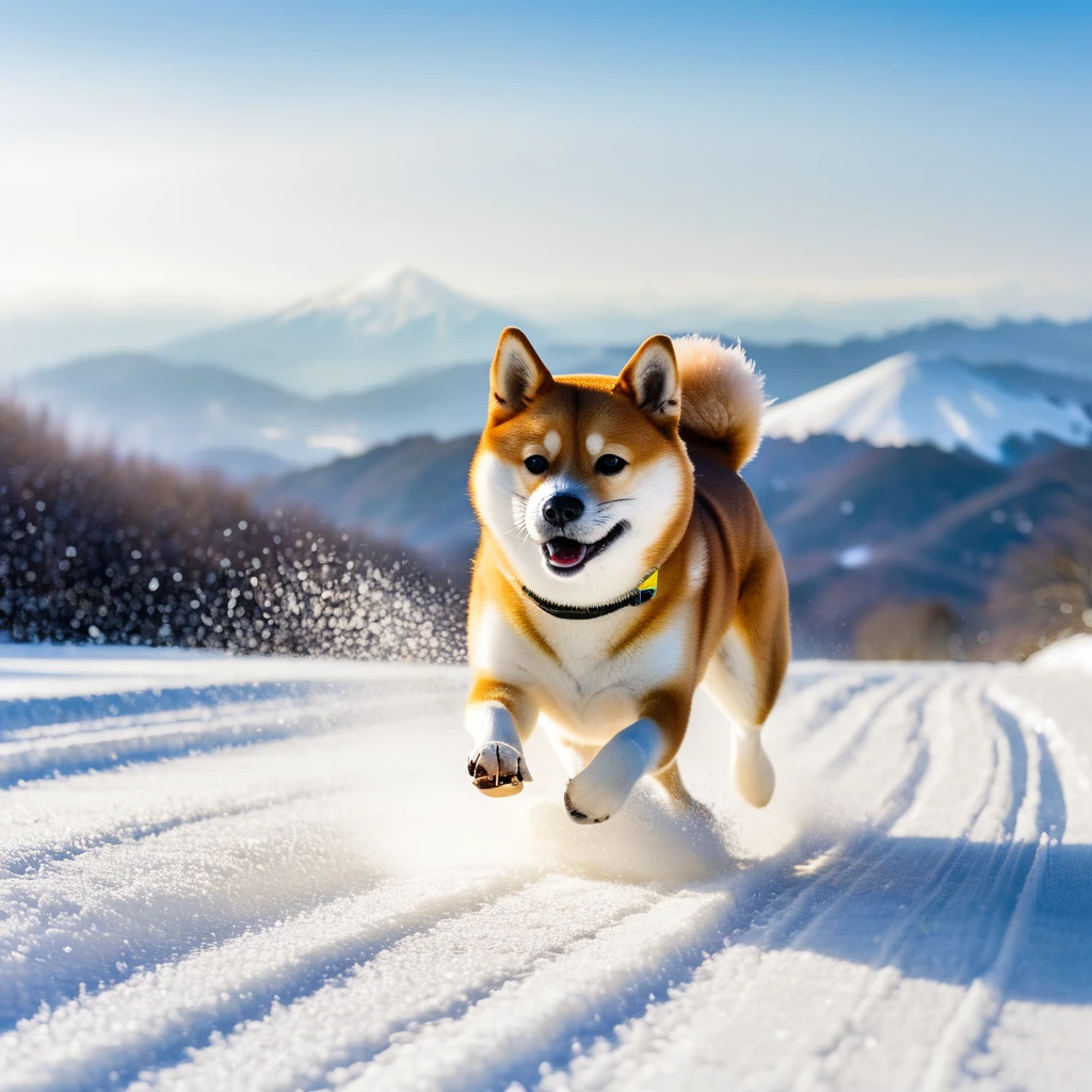 Freeriding A Shiba Inu sliding freely down a snowy mountain slope。Raising a big spray、Enjoying the soft feel of snow、Rhythmic skating。