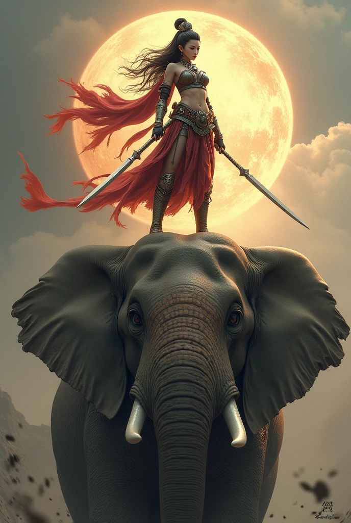An asian female worrier full of aura on top of elephant's head. holding spears or knives
