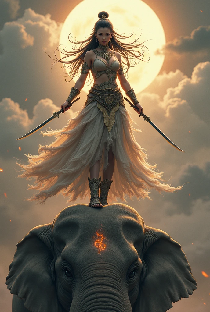 An asian female worrier full of aura on top of elephant's head. holding spears or knives