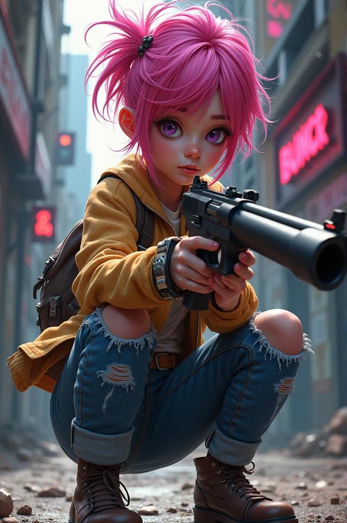 A cute teenage pink hair girl holding a gun