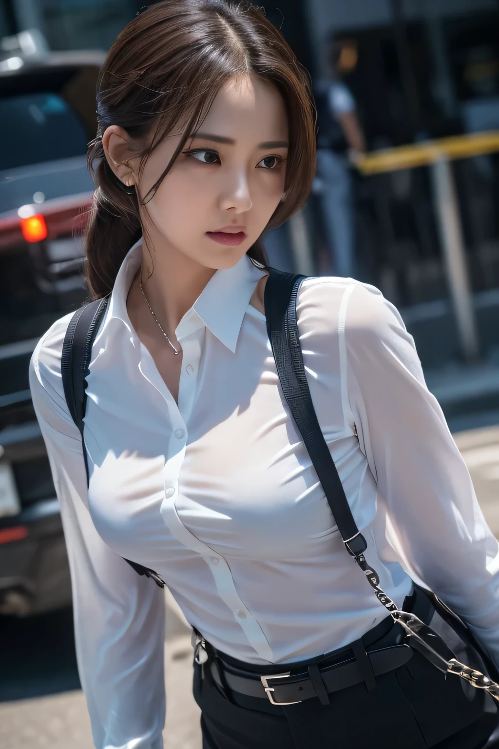 a woman in a suit, belt, hands behind back, sweating, suspenders, black pants, sexly, large breasts, see-through clothing, rain, detective, office worker, white button-up shirt, (best quality,4K,8k,highres,masterpiece:1.2),ultra-detailed,(realistic,photorealistic,photo-realistic:1.37),hyper-detailed,highly detailed face and body, Slender　thin　suspenders　Moderate breasts　See-through shirt　Nipples　holster　chain　Pistol　Armament　criminal　Female criminal　knife