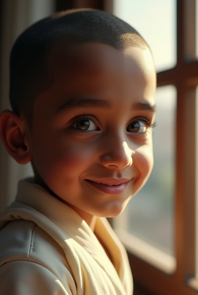 /imagine prompt: 2d, personality: [Show a close-up of young Mohandas Karamchand Gandhi, a boy of about , with curious eyes and a gentle smile. He is dressed in a traditional Indian outfit, gazing thoughtfully out of a window at his surroundings, conveying innocence and curiosity about the world]unreal engine, hyper real --q 2 --v 5.2 --ar 16:9