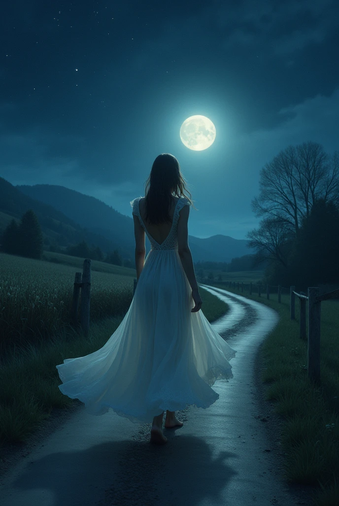 Walking the road at night ,Beautiful views,Dark Background,her dress billowing in the wind, Shining Moon