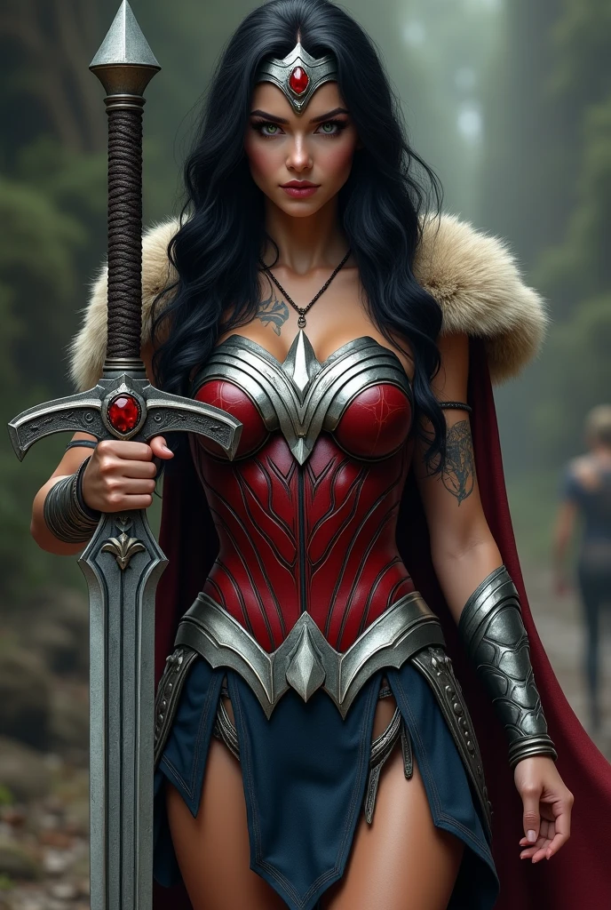 (((In extreme close-up a beautiful woman with long black hair under the cloak of the Amazon warrior Wonder Woman (((Black leggings and Wonder Woman skirt on the leggings))),(((Red corset with a wide silver metal eagle covering her breasts as an emblem))),(((Dark silver metal bracelets))),(((Viking boots long up to his knees with sheepskin on the edge)),(((Sheepskin on his shoulders))),(((Tattoos on one of her arms and a wide silver metal headband with a red ruby on her forehead)))Giant Viking style sword in his hand))),(((Wonder Woman Vikingo)))
