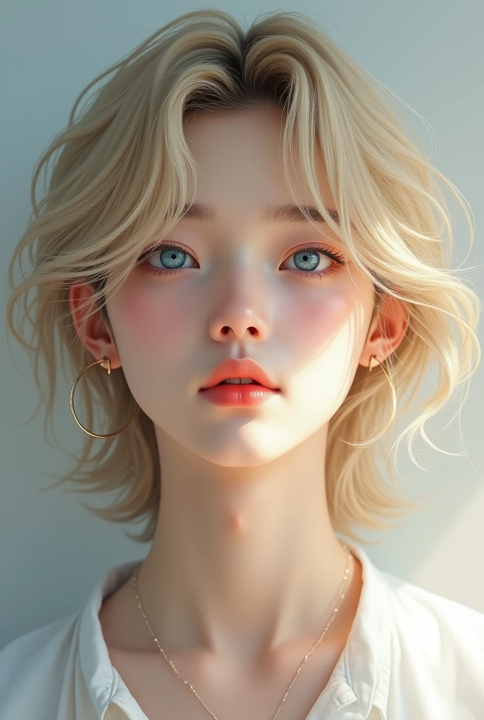 Korean soft boy blue eyes and middle long blonde hair realistic