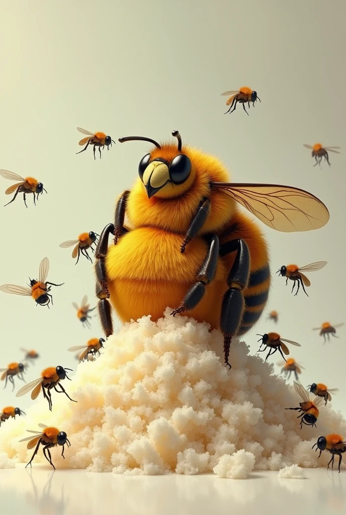 A huge fat bee sits on a pile of sugar and there are many skinny little hungry flies around it.